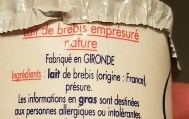 Caille nature lait brebis ingredients label