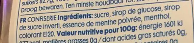 Berlingots a la menthe ingredients label