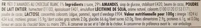 Hema pâte d'amande chocolat blanc ingredients label