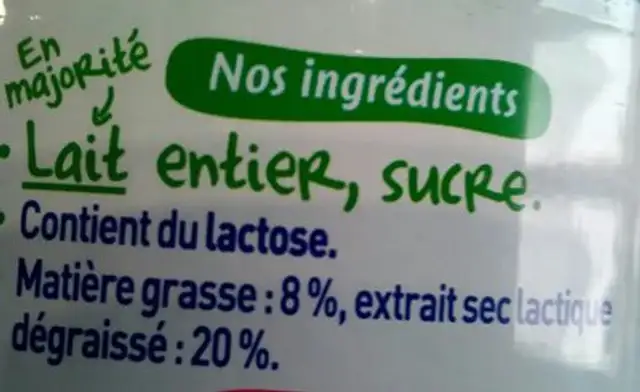 Lait concentré sucré ingredients label