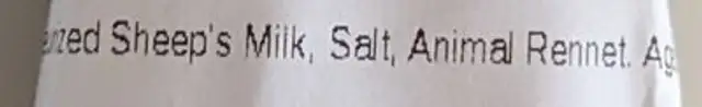Pecorino Romano ingredients label