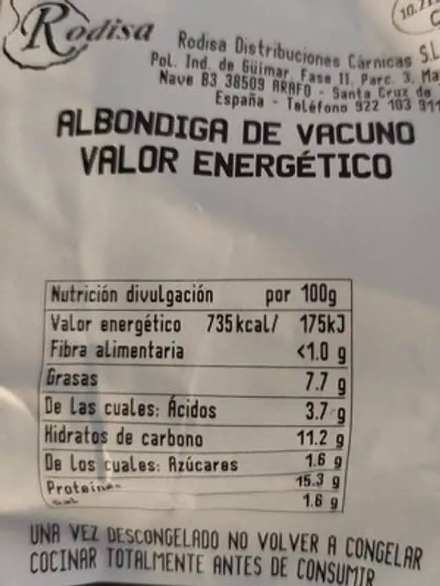 Albóndigas de vacuno nutrition facts table