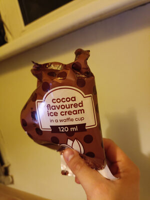 Cocoa flavoured ice cream in a waffle cup