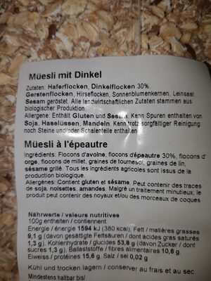 Müesli à l’épeautre ingredients label