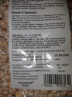 Müesli à l’épeautre nutrition facts table