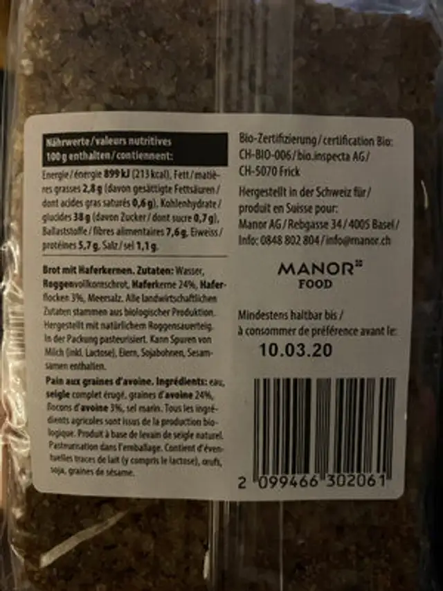 Pain aux graines d'avoine bio ingredients label