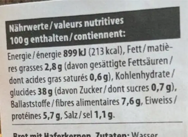Pain aux graines d'avoine bio nutrition facts table