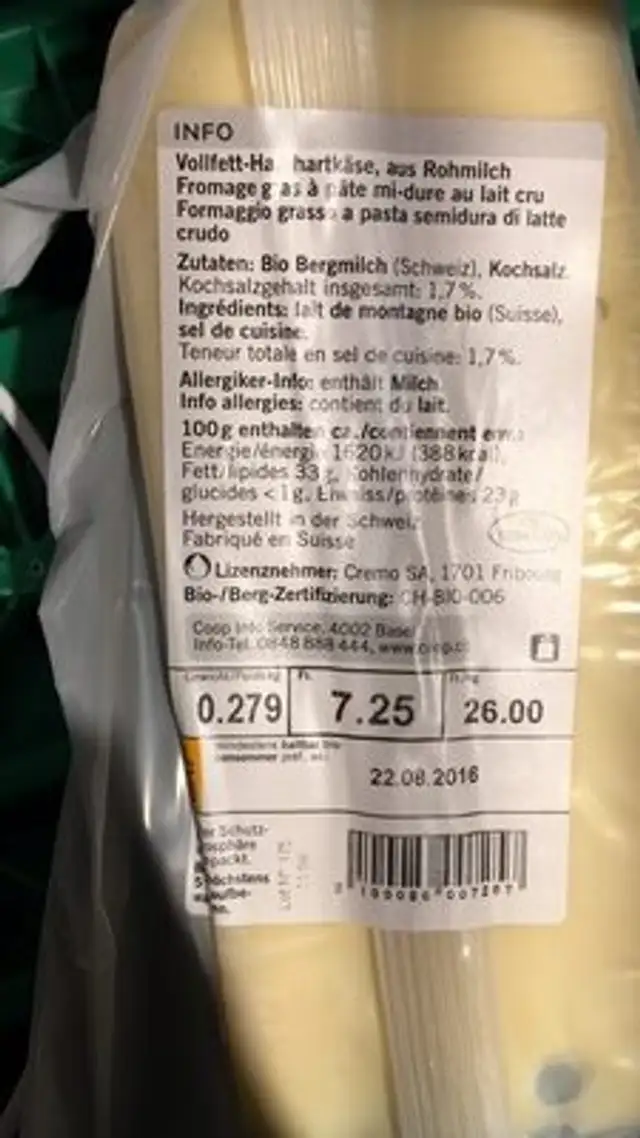Pro Montagna Gomser sweet ingredients label