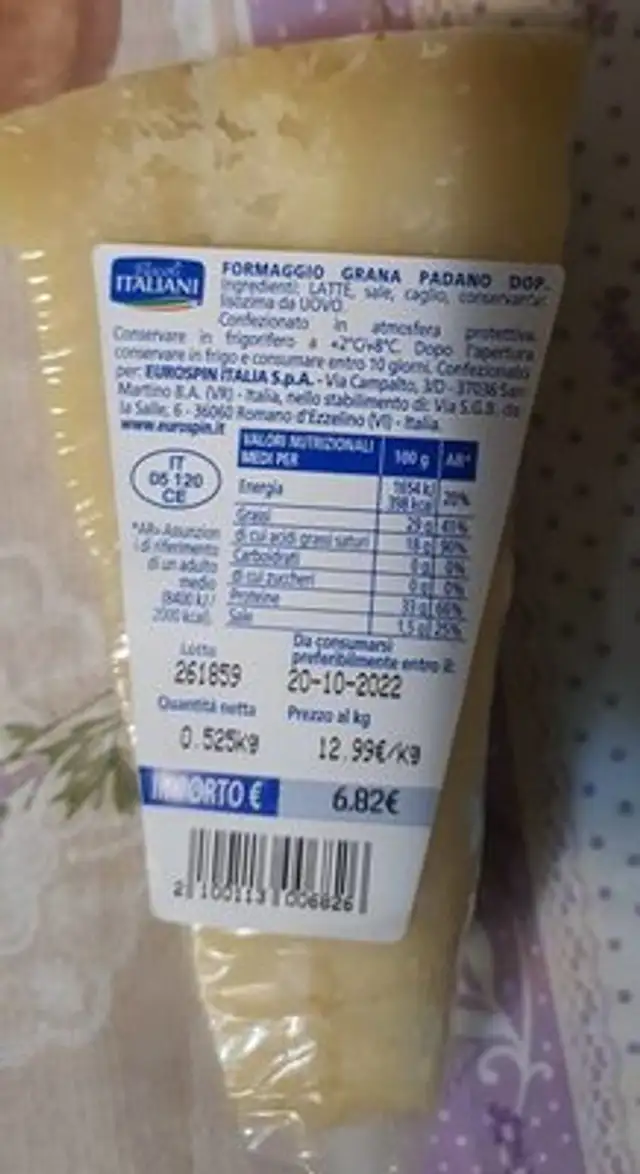Grana Padano DOP nutrition facts table