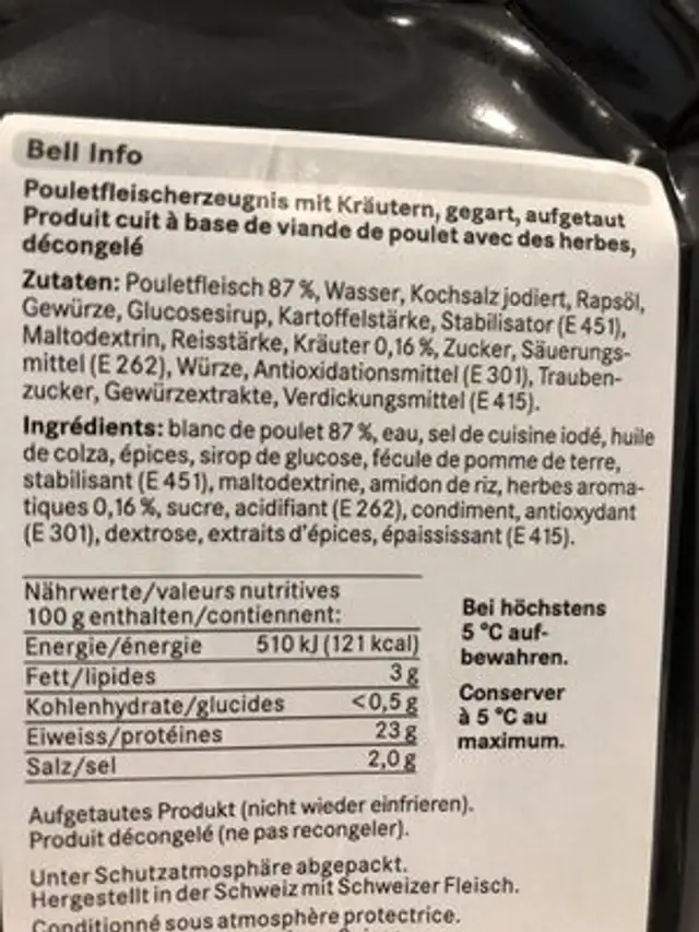 Herbs chicken Stripes ingredients label
