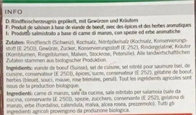 Viande sechee nutrition facts table