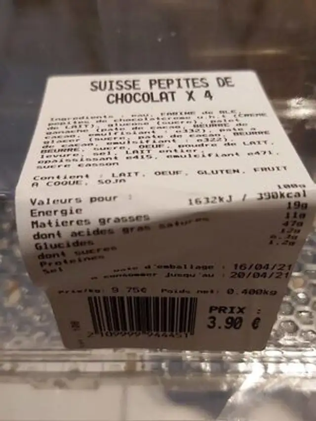 Suisse pépites choco x 4 nutrition facts table
