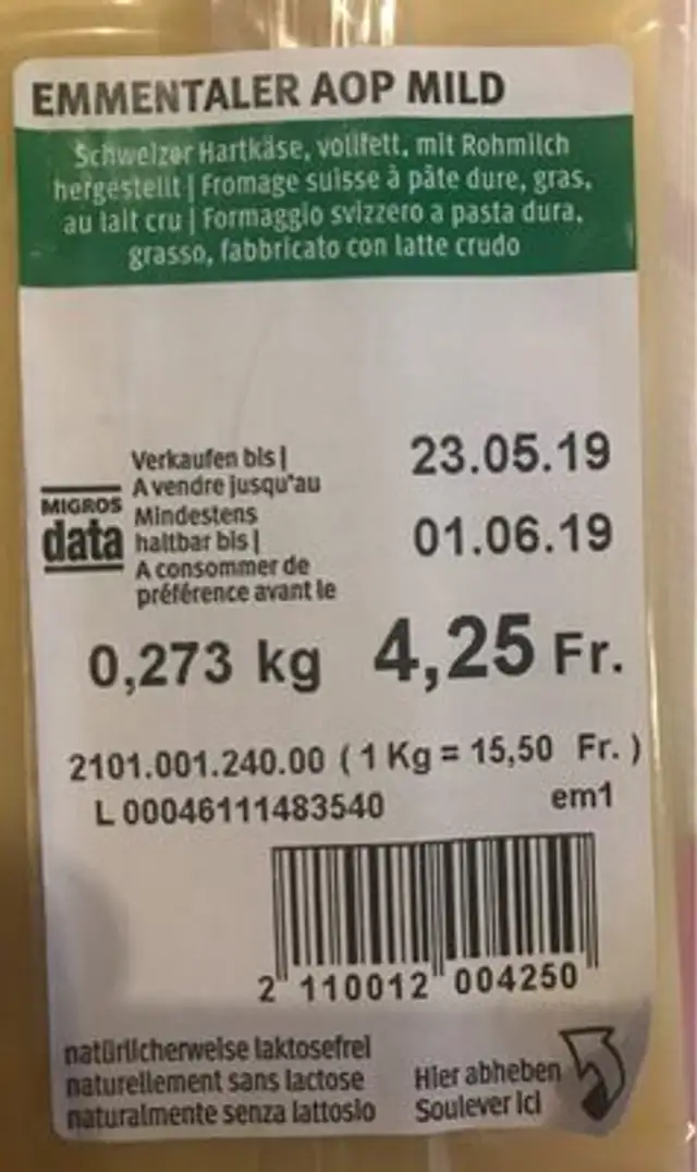 Emmentaler doux ingredients label