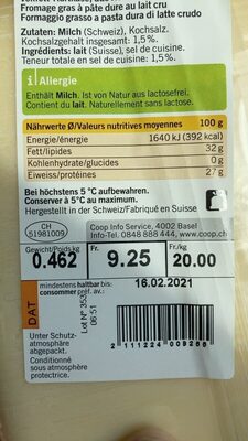 Gruyère mi-salé nutrition facts table