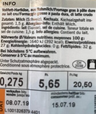 Gruyère AOP ingredients label