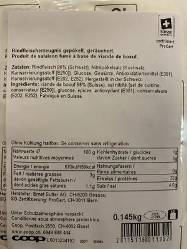 Appenzeller Mostbröckli nutrition facts table