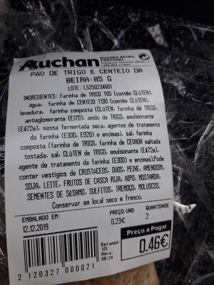 Pão de Trigo e Centeio da Beira ingredients label