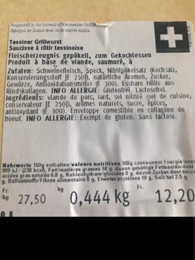 Salsiccia Ticinese ingredients label