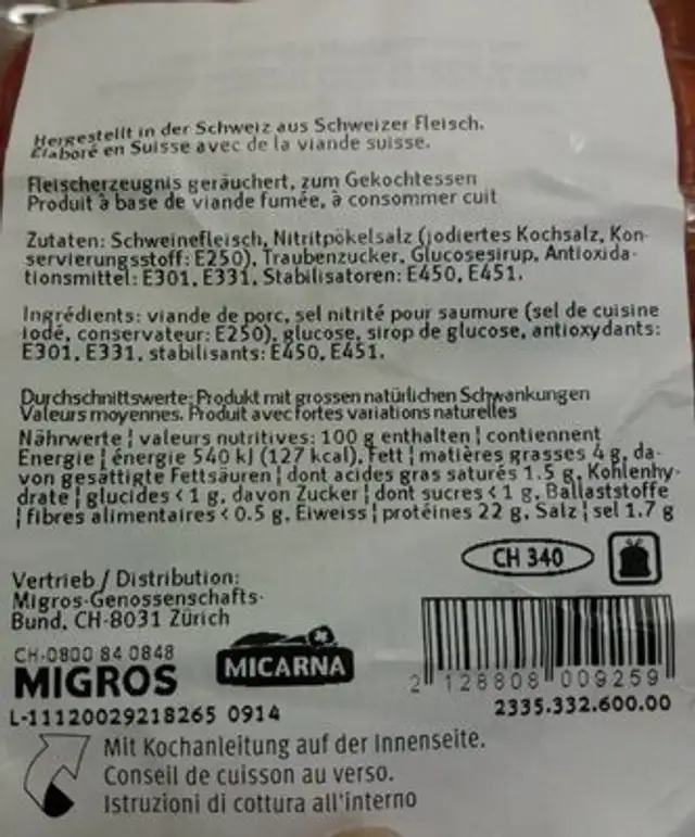 Jambon roulé d'épaule sans couenne nutrition facts table