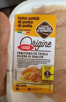 Fette sottili di petto di pollo front packaging