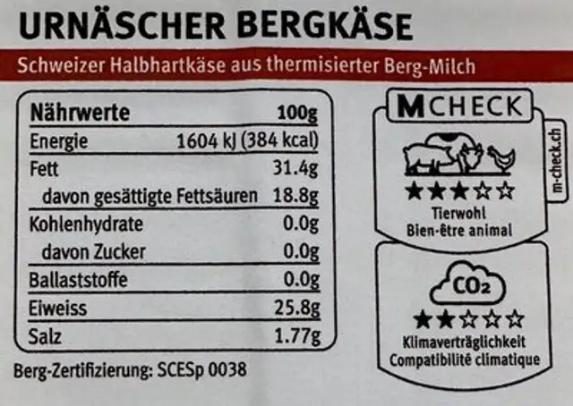 Urnäscher Bergkäse nutrition facts table