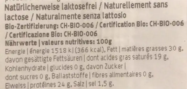 Vacherin Fribourgeois Corsé nutrition facts table