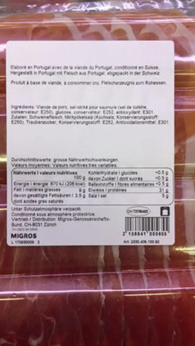 especialidade portuguesa Jambon cru portugais nutrition facts table