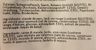 Chorizo traditionnel ingredients label