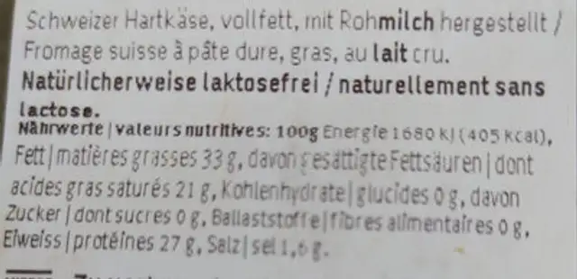 Le Gruyère AOP Extra vieux ingredients label