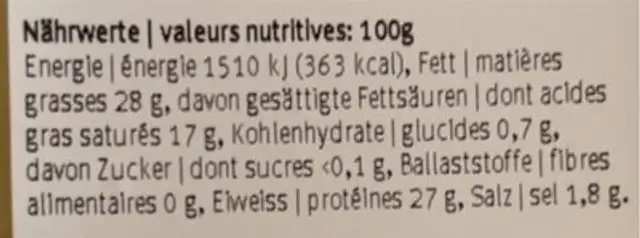 Raclette nature nutrition facts table