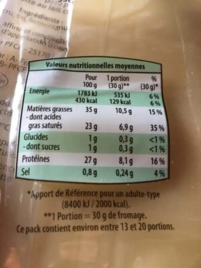 Comte au lait cru ingredients label