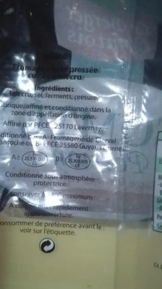 Comte ingredients label