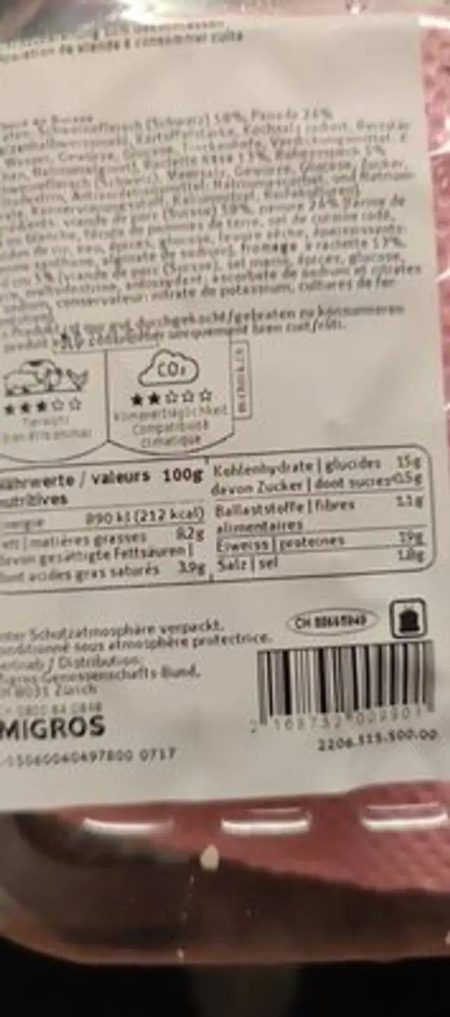 Cordon bleu de porc Raclette nutrition facts table