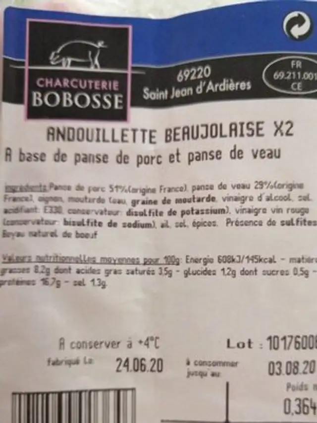 Andouillette beaujolaise nutrition facts table