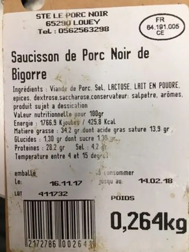 Saucisson sec de porc noir de bigorre ingredients label