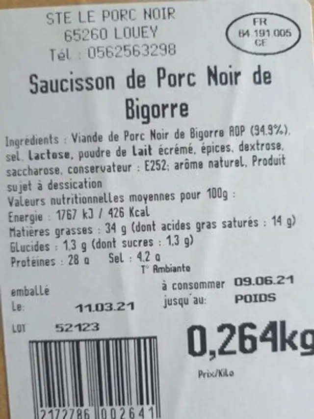 Saucisson sec de porc noir de bigorre nutrition facts table