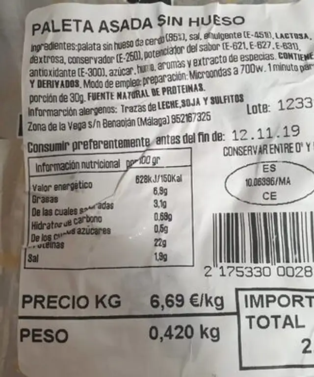 Paleta asada nutrition facts table