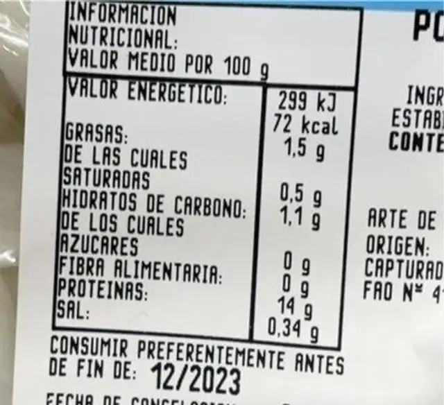 Pota argentina anillas nutrition facts table