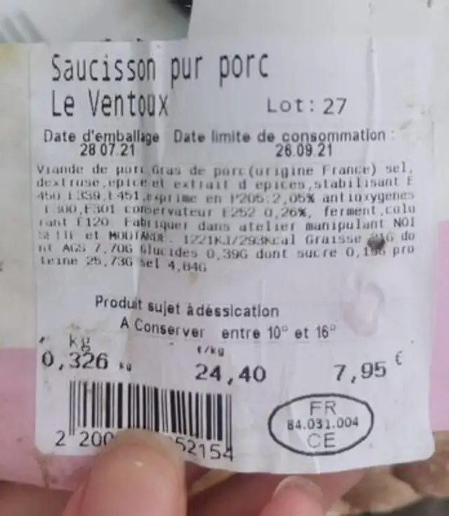 Saucisson Le Ventoux nutrition facts table