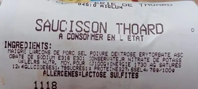 Saucisson de thoard ingredients label