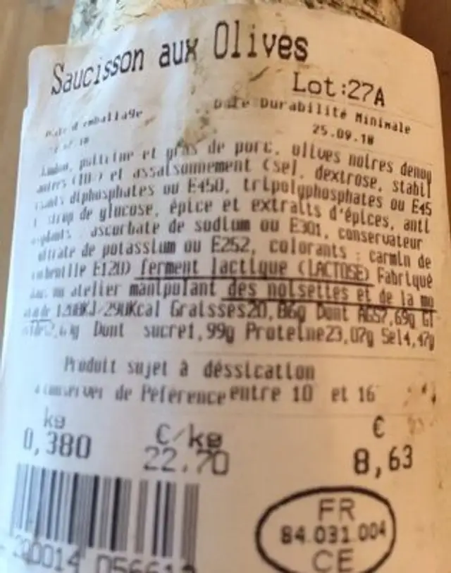 Saucisson pur porc aux olives de Nyons ingredients label