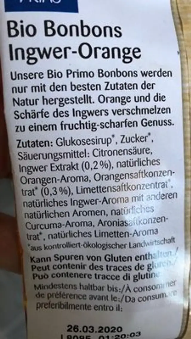 Bio bonbons ingwer-orange ingredients label