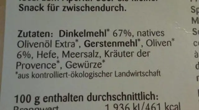 Dinkel Oliven snack ingredients label