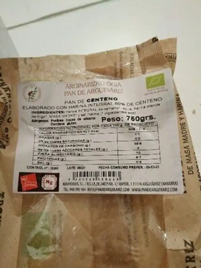 Pan de centeno ingredients label