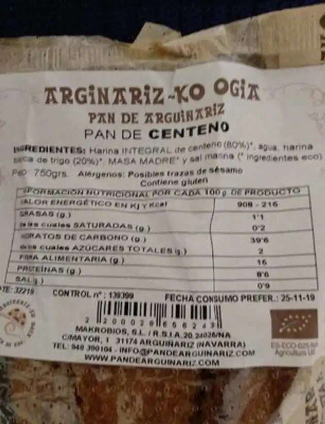 Pan de centeno nutrition facts table