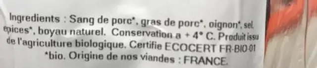 Boudin noir traditionnel ingredients label