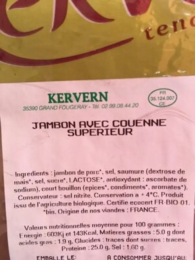Jambon avec couenne superieur ingredients label