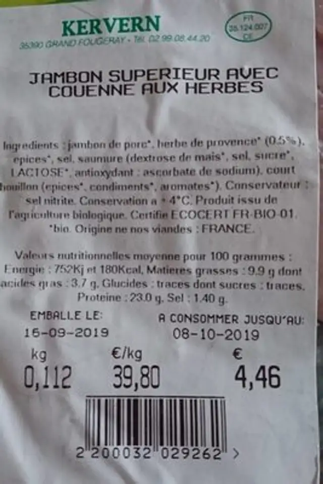Jambon supérieur avec couenne aux herbes nutrition facts table