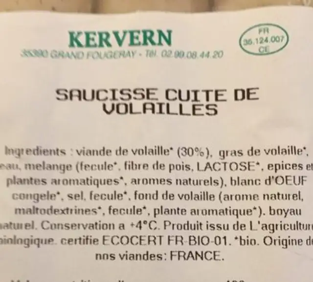 Saucisses cuites de volailles ingredients label