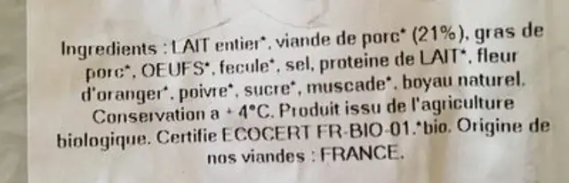 Boudin blanc pur porc ingredients label